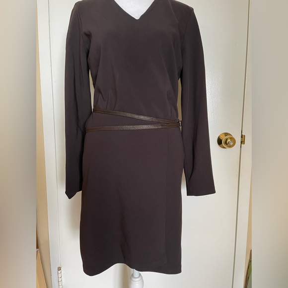 WRAP SKIRT DRESS long sleeve vneck Krishna chocolate brown leather wrap belt sz1 - Picture 3 of 10